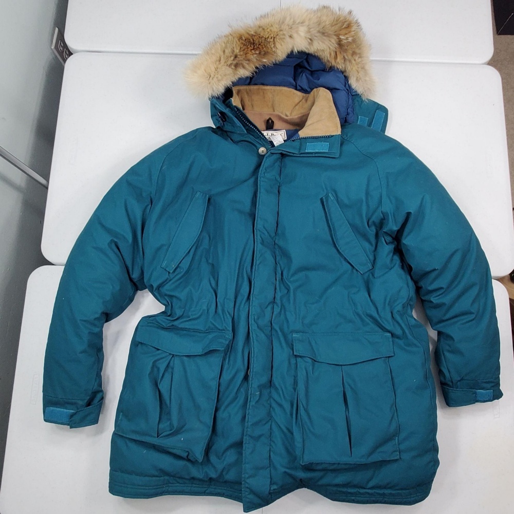 Vintage L.L.Bean Down Parka Coat 2XL Long Green Teal Coyote Fur Hood B023 USA 90